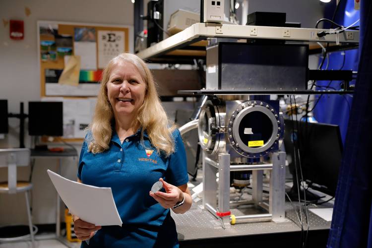 M. Darby Dyar, Kennedy-Schelkunoff professor of astronomy and chair of astronomy at Mount Holyoke College, at her lab last month. Dyar is among the leadership team for NASA’s upcoming mission to Venus called VERITAS.  