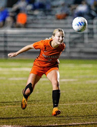South Hadley’s Lauren Marjanski (7) heads the ball against Wahconah in the first half of the girls soccer Class B quarterfinals last week in South Hadley.