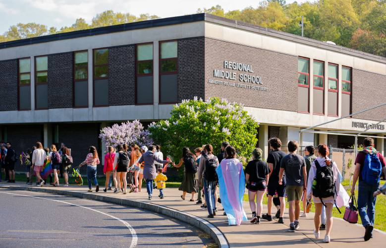 Amherst Regional High School students march to the middle school in support of LGBTQIA+ students last spring in Amherst.