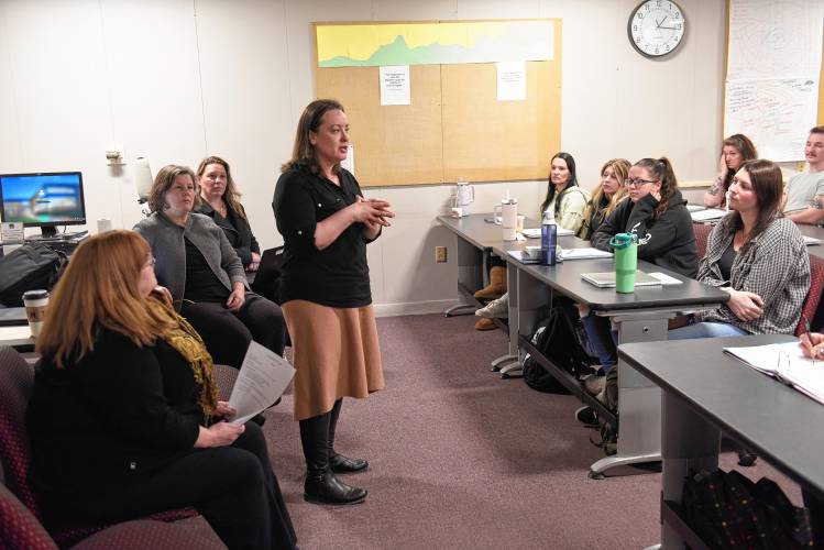 Rep. Lindsay Sabadosa speaks to nursing students at a legislative panel on health care at Greenfield Community College on Monday.