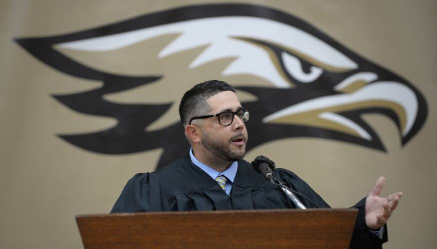 Anthony Soto, Holyoke schools receiver-superintendent, speaks at the Holyoke High Dean Campus graduation on June 4, 2021.