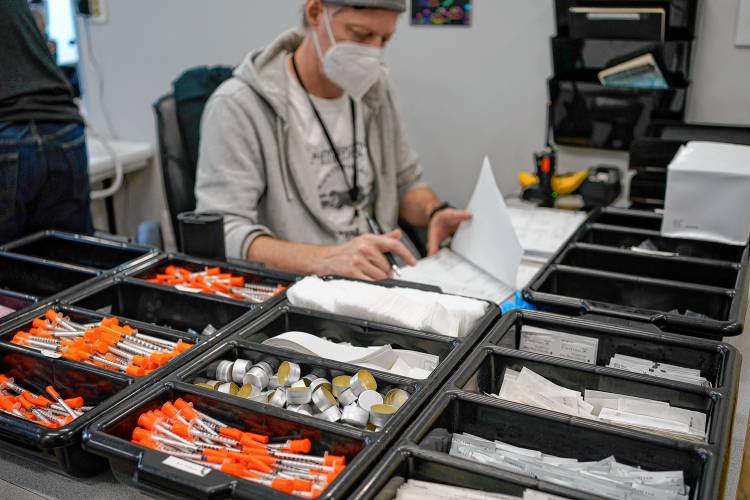 Supplies for drug users are seen at an overdose prevention center, OnPoint NYC, in New York in February 2022. Across the U.S., drug overdoses killed an estimated 100,000 people in 2021, according to federal health officials. 