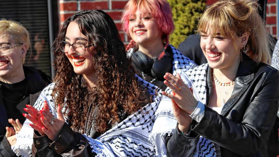 Ruya Hazeyen, left, and Maysoun Batley, co-presidents of the Students for Justice in Palestine at UMass Amherst, appear outside of Eastern Hampshire District Court following a pretrial hearing on Thursday. 