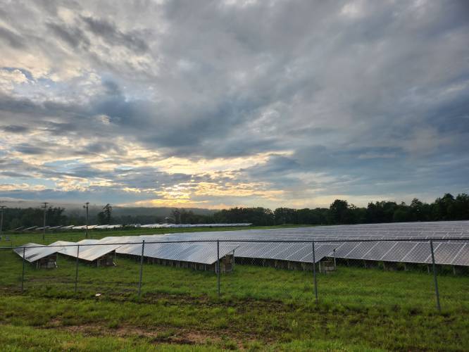 A field of solar panels off Daniel Shays Highway (Route 202) in Orange. Local residents recently shared their opinions with the Joint Committee on Municipalities and Regional Government on proposed legislation that would allow for more local control over large-scale solar projects.