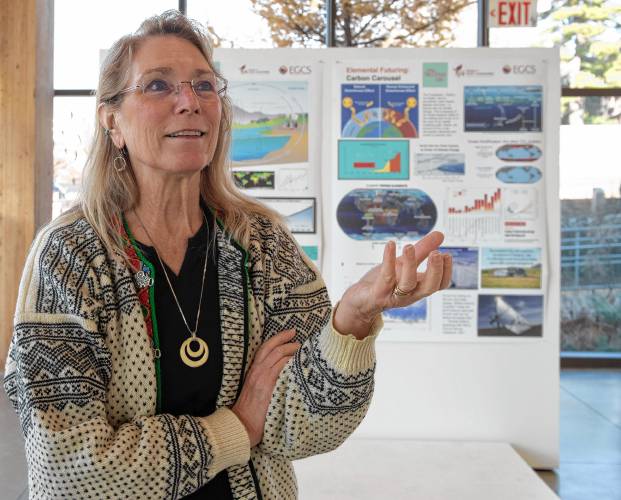 Julie Brigham-Grette a UMass professor in the Earth, Geographic and Climate Science department, talks about a poster she participated in making as part of The Future Lab Project. The poster looks at the science around the carbon cycle and projections for the future concerning global warming. “I choose to bean optimistic because I think you have to look for solutions and what’s possible. If you live your life and see the glass as half full you can see solutions, you have to remain optimistic,” said Brigham-Grette about the climate and the future.