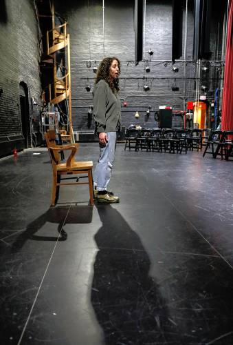 Allie Wittner rehearses for “2.5 Minute Ride” at the Academy of Music, a one-person play that’s described as “a roller coaster ride through a family album.”