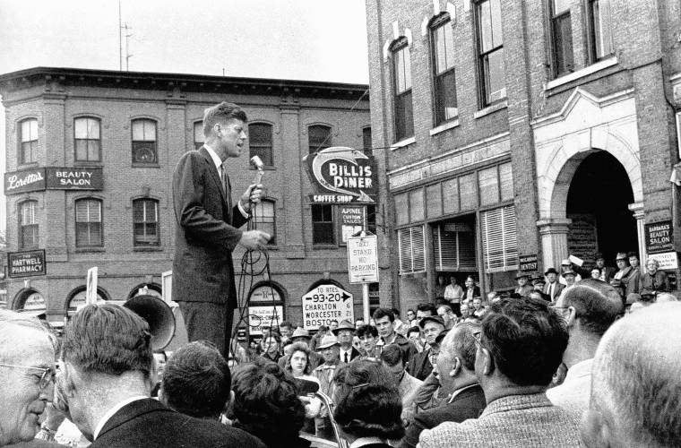 Sen. John F. Kennedy, D-Mass., campaigning for reelection, addresses a crowd in Southbridge on Oct. 17, 1958.