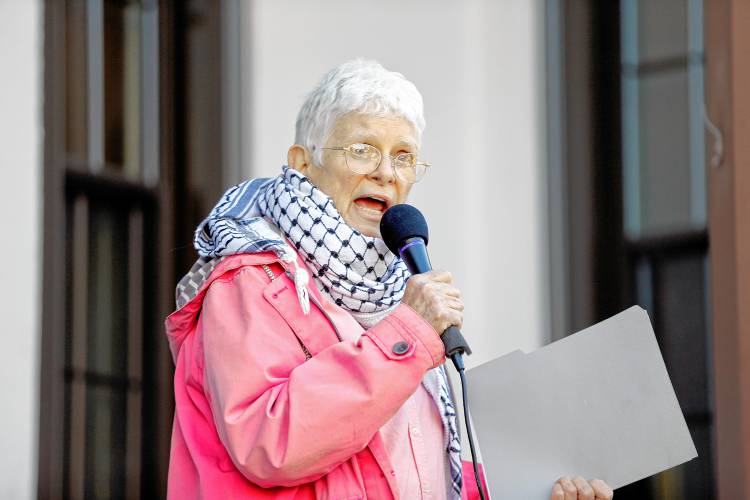 Paki Wieland speaks on the steps of City Hall in Northampton during a rally Friday as part of CODEPINK’s 19th annual celebration of International Women’s Day with the theme, “We mourn, we resist, we organize: Peace & Justice for the Palestinians and all peoples.”