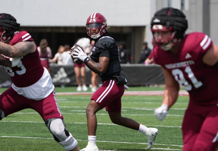 UMass quarterback Ahmad Haston readies to make a play during the Minutemen’s Spring Game on Saturday at McGuirk Alumni Stadium in Amherst.