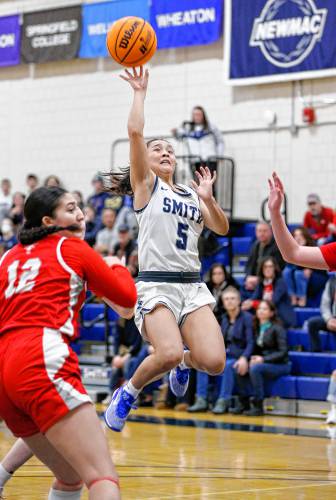 Smith College guard Ally Yamada (5) puts up a shot in the paint against WPI earlier this season at Ainsworth Gymnasium in Northampton.
