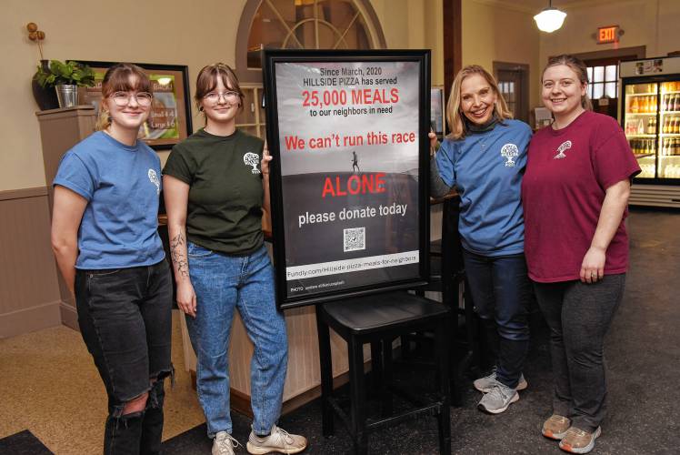 Abby Wozniak, her sister Amber Wozniak, Amy White and Vanessa Crowningshield of Hillside Pizza in Bernardston have been serving community meals and are asking for donations.