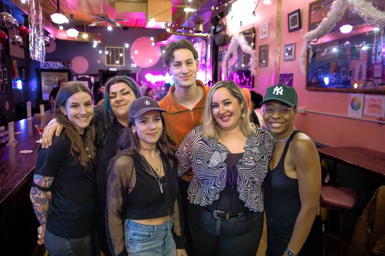 The crew at Majestic, from left, Alex Noonan, Yas Rosser, Marisah Helems (DJ PRL), Alden Peotter, co-owner Kayla Abney and Aaliyah Bell on a Friday night in Northampton.