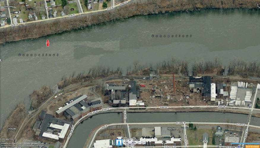 This aerial view shows the site of Sublime Systems’ proposed clean-tech cement manufacturing plant on Water Street in Holyoke.