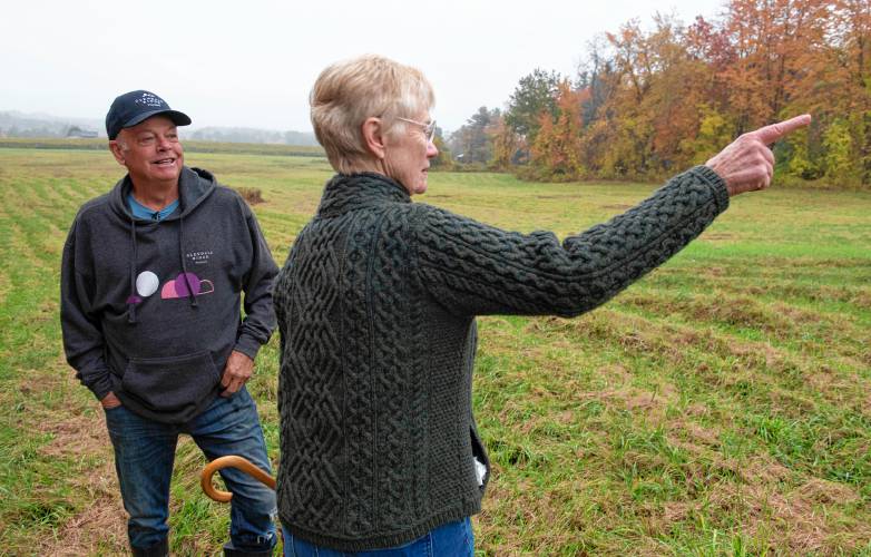 Ed Hamel, co-owner of Glendale Ridge Vineyard, talks with Cindy Palmer, Chair of the Southampton Open Space Committee, about the conservation restriction they are putting on their 80 acres of land.