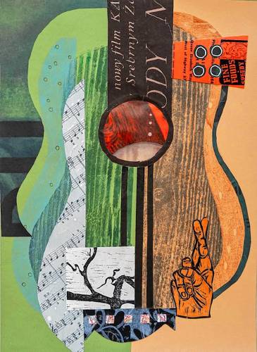  “Playing to the Tide,” a collage print by B.Z. Reily, is part of an exhibit at  Mezzanine Gallery at 33 Hawley in Northampton.
