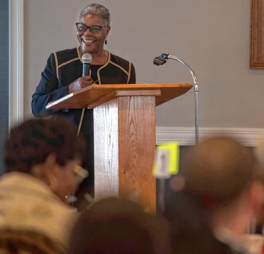 The Rev. Theresa Temple, pastor at First Baptist Church in Holyoke, speaks at Friday’s breakfast.
