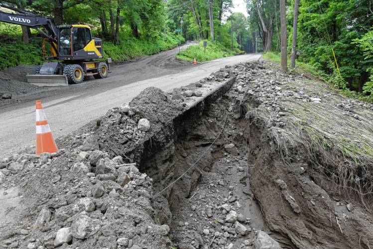Erosion damage in Conway at Fields Hill Road and Whately Road, pictured in July. With towns suffering millions of dollars worth of damages due to torrential rainstorms throughout the summer, local legislators Rep. Natalie Blais and Sen. Jo Comerford have introduced legislation that could take some of the financial burden off communities, businesses and residents.