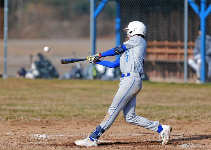 Granby’s Nikolas Misiaszek (7) drives in two runs with an RBI double against Smith Academy in the bottom of the first inning Friday in Granby.