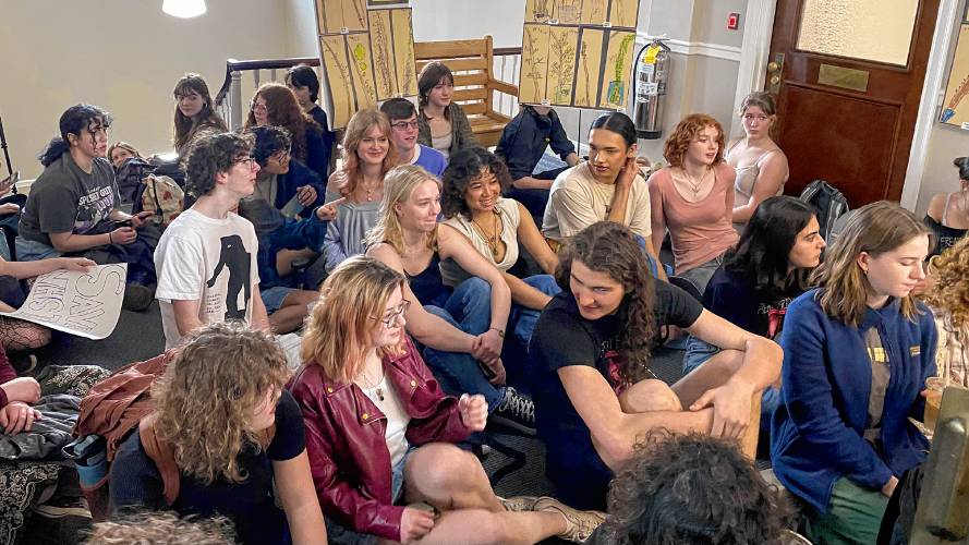 Students stage a sit-in at the office of Mayor Gina-Louise Sciarra on Wednesday ahead of a vote on the upcoming school budget, in protest of proposed cuts to the school’s theater department. 