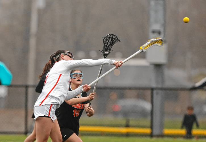 South Hadley’s Raquel Losty fires a shot for a goal against Belchertown in the fourth quarter Thursday in South Hadley.