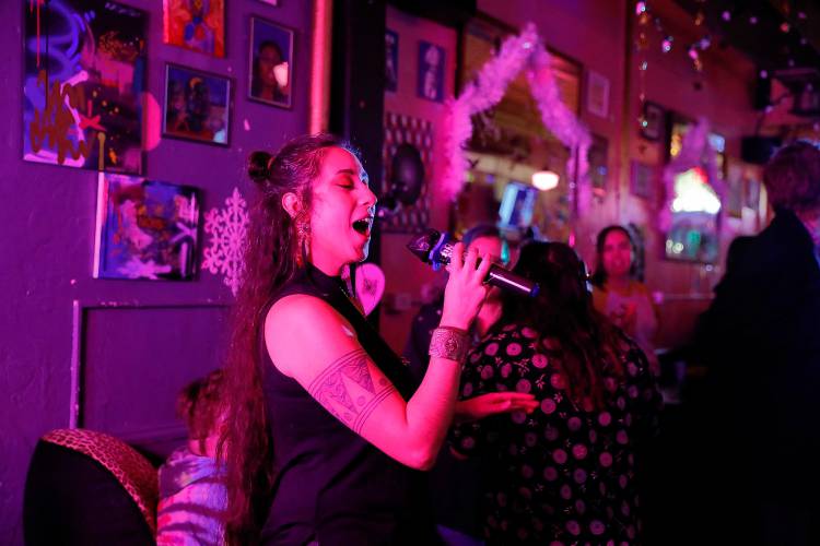 Jasmine Goodspeed performs during karaoke night at the Majestic Saloon on Friday in Northampton.