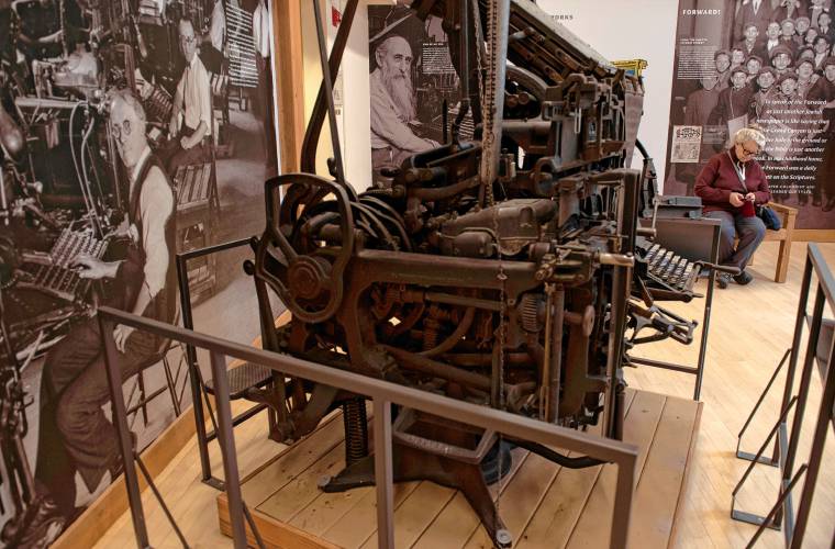 The last Yiddish linotype machine, circa 1920, used for decades to print the Jewish Daily Forward, a newspaper published in New York City (today it is a digital publication). The machine is displayed as part of “Yiddish: A Global Culture” at the Yiddish Book Center.