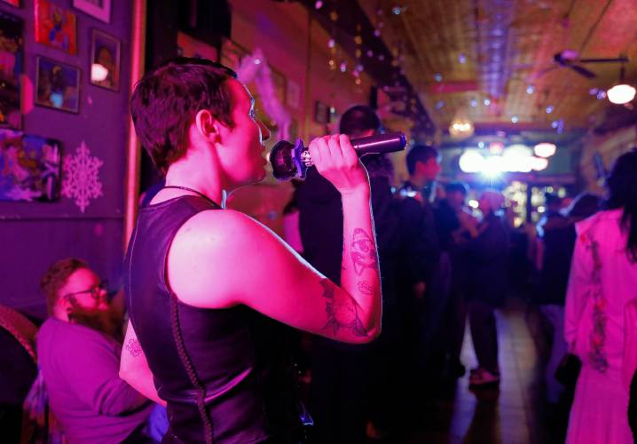 Baz Gabriel performs during karaoke night at the Majestic Saloon on Friday in Northampton.