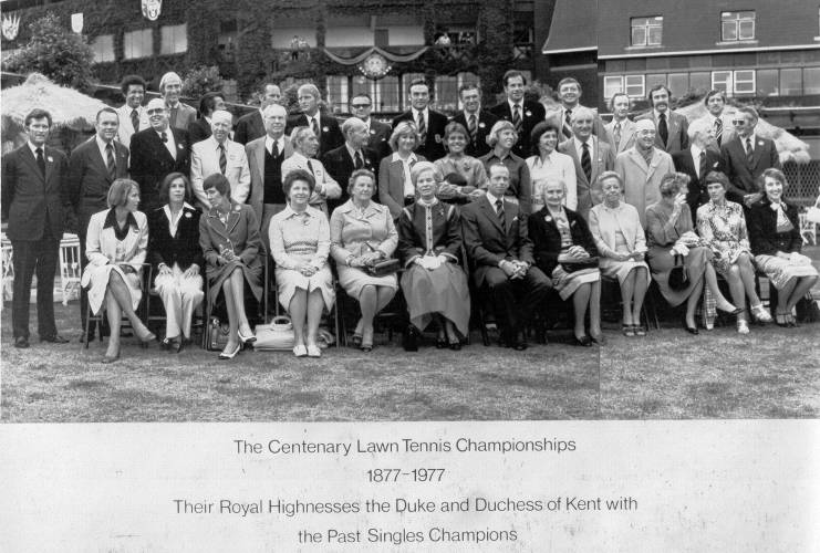 Alice Marble is seen fourth from right in the front row of a group portrait of past champions at Wimbledon. The image is from 1977, at a ceremony marking the famous tennis tournament’s centenary. Madeleine Blais’ research for her book took her to Wimbledon to read period coverage of tennis matches there.