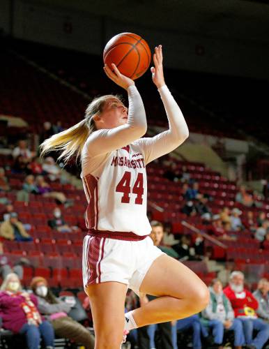 UMass guard Stefanie Kulesza (44) puts up a shot against UAlbany in the fourth quarter Wednesday at the Mullins Center in Amherst.