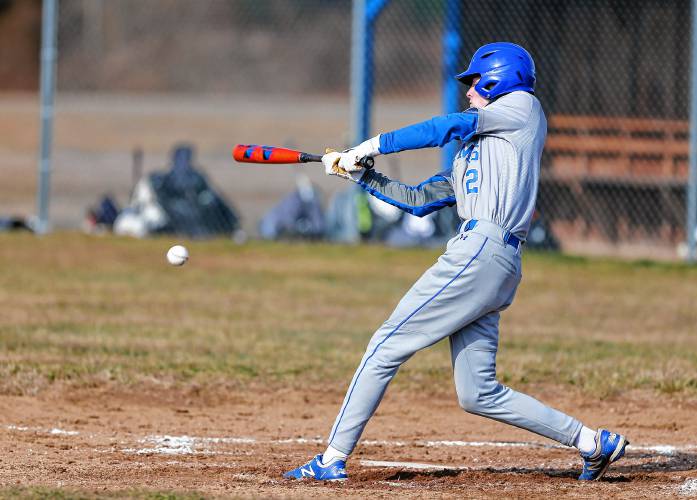 Granby’s Brodie Funk (2) drives in a run against Smith Academy in the bottom of the first inning Friday in Granby.