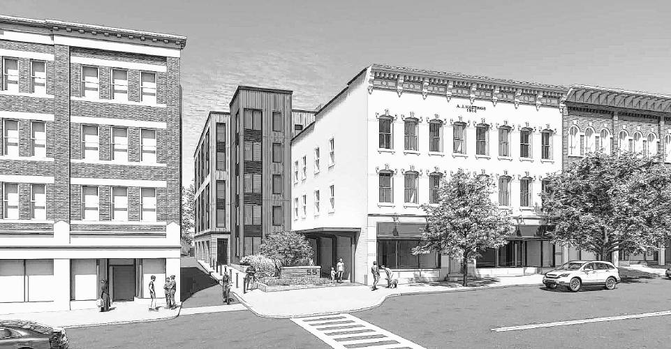 This rendering depicts what the former Hastings shop (the white structure to the right) at 45 South Pleasant St. will look like when redeveloped into an Amherst College store in the front and a five-story mixed-use building in the back.  
