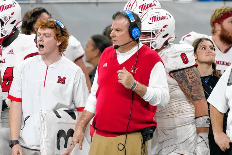 Miami (Ohio) head coach Chuck Martin watches from the sideline during the second half of the Mid-American Conference championship game against Toledo, Dec. 2, 2023, in Detroit.