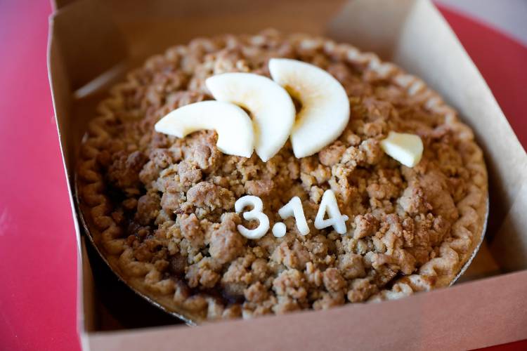 One of the apple crumb pies made by Alysia Bryant of Carefree Cakery for a pop-up Pi Day event on Thursday at the Mill District General Store and Local Art Gallery in Amherst.