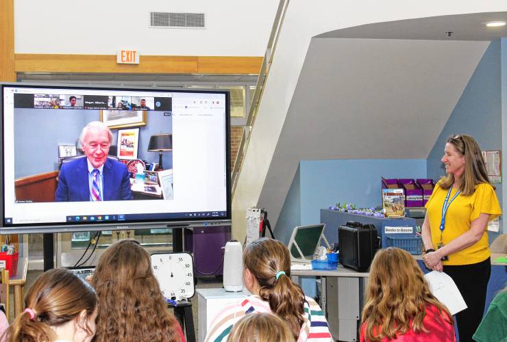 U.S. Sen. Ed Markey appears on a screen in Deerfield Elementary School’s library to speak with 52 sixth-graders about proposed legislation that would update the Children’s Online Privacy Protection Act (COPPA), which he originally authored in 1998.