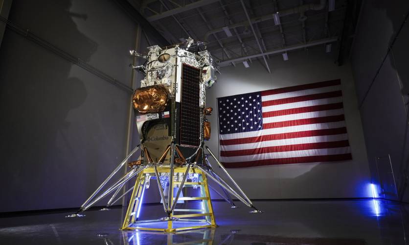 FILE - This photo provided by Intuitive Machines shows the company's IM-1 Nova-C lunar lander in Houston in October 2023. The private U.S. lunar lander reached the moon and eased into a low orbit Wednesday, Feb. 21, 2024, a day before it will attempt an even greater feat _ landing on the gray, dusty surface. (Intuitive Machines via AP, File)