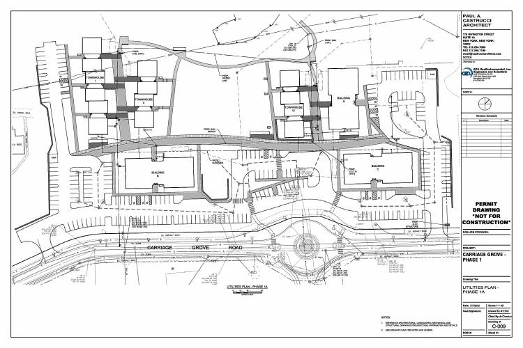 The site plans for Phase 1A of Carriage Grove Development show three multi-family buildings and three town houses oriented to leave the west view of the mountaiopen. 