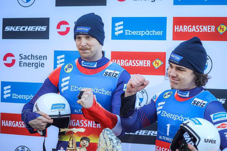Chesterfield’s Dana Kellogg, left, and partner Frank Ike took ninth place in the men’s doubles last month at the FIL World Luge Championships in Altenberg, Germany.  