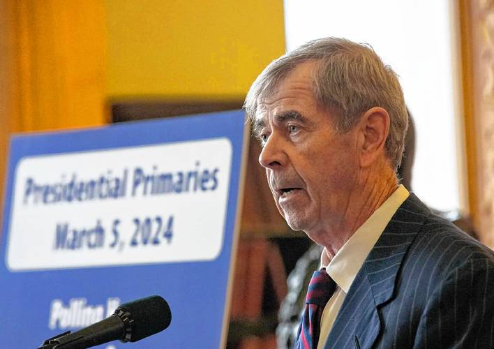 Secretary William Galvin speaks at a pre-election press conference Monday ahead of the presidential primaries.