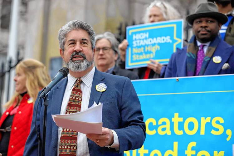 Massachusetts Teachers Association President Max Page speaks at a rally for the union-backed ballot question to remove the MCAS as a graduation requirement before a hearing on the measure Monday at the State House.