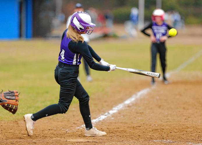 Smith Academy’s Alexa Jagodzinski (4) hits an RBI double against Granby in the top of the fifth inning Wednesday in Granby.