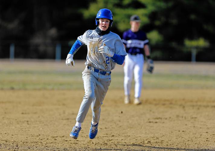 Granby baserunner Brodie Funk (2) steals third base on a passed ball against Smith Academy in the bottom of the first inning Friday in Granby.