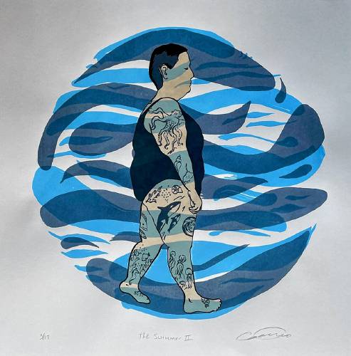 “The Swimmer II,” a screenprint by Catherine Aiello, one of 70+ artists and creative businesses that will show work at Brushworks Arts and Industry Open Studios Nov. 11-12. 