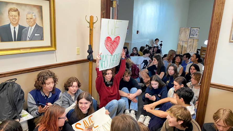 Students staged a sit-in at the office of Mayor Gina-Louise Sciarra on Wednesday ahead of a vote on the school budget.