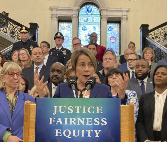 Massachusetts Gov. Maura Healey holds a news conference on March 13 at the Massachusetts Statehouse in Boston.