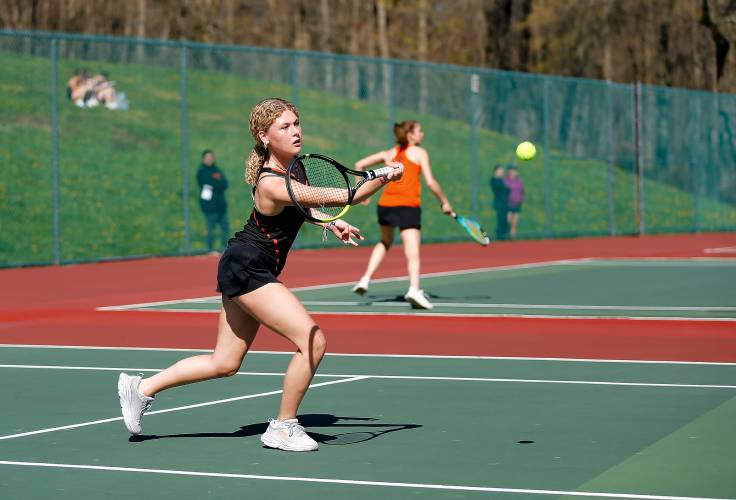 Belchertown’s Amanda Murray returns a volley from South Hadley’s Yanna Stefoglo during their No. 2 singles match Thursday at Mount Holyoke College.