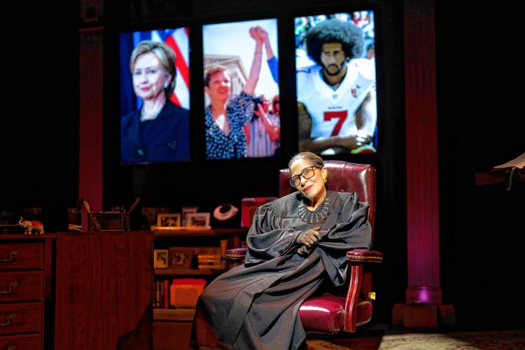 “All Things Equal” makes use of projections and pre-recorded vocal tracks to help tell the story of Ruth Bader Ginsburg, played by Michelle Azar. The one-woman play was written by acclaimed playwright Rupert Holmes.