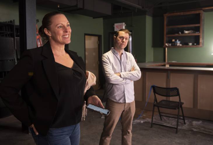 Gabrielle Gould, the executive Director of the Down Town Amherst Foundation and Lincoln Allen, the managing director stand  in The Drake during its last phase of contemplation before it opens on April 26th. 
