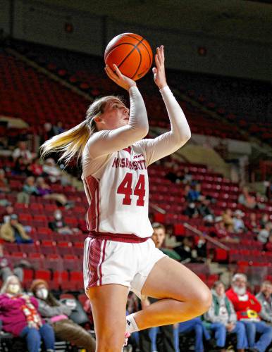 UMass guard Stefanie Kulesza (44) puts up a shot against UAlbany earlier this season at the Mullins Center in Amherst.
