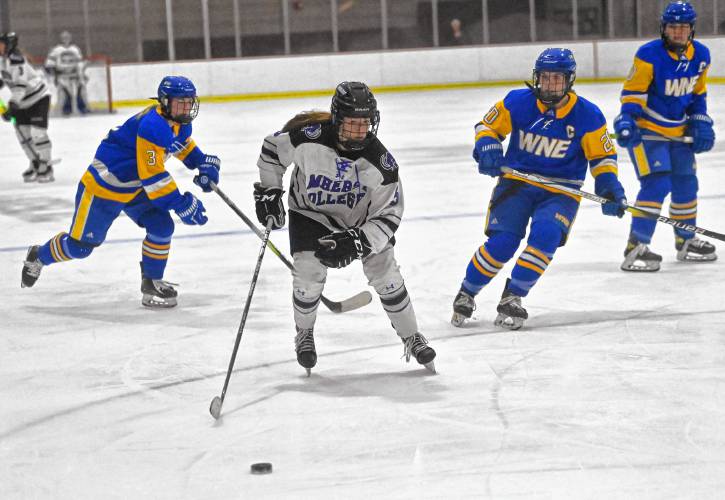 Amherst College’s Maeve-Eve Marleau skates free in the attacking zone during the Mammoths’ 4-2 win over Western New England on Tuesday night at Orr Rink. Marleau tallied a first-period even-strength goal.