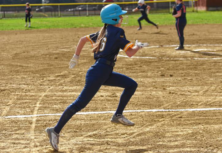 Northampton’s Olivia Evans (16) heads toward home plate to score a run against Mahar during Franklin County League East action on Monday in Orange.